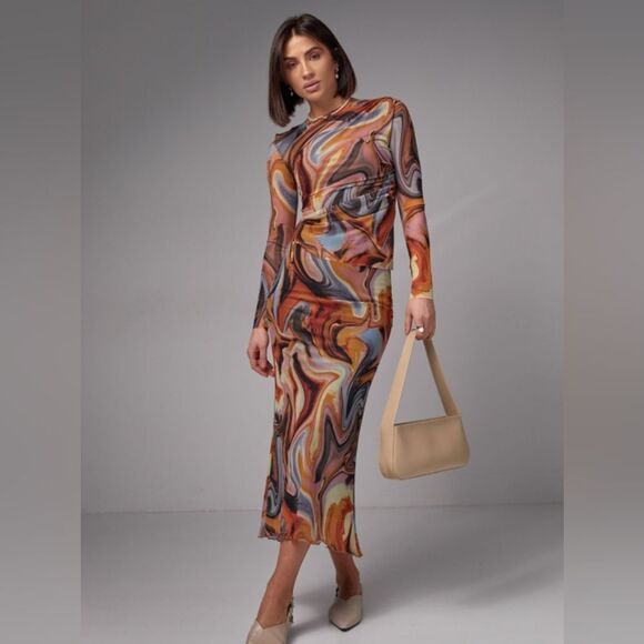 ZARA SET Printed tulle โSet Top And Skirt Organge Beige Brown Combiation - Picture 10 of 16